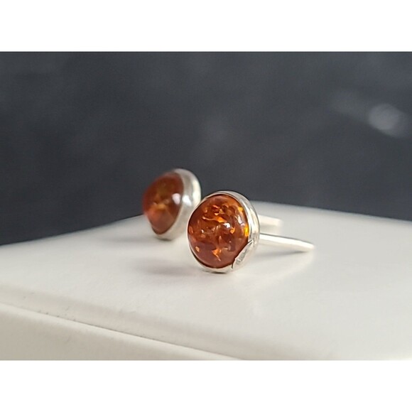 925 Sterling Silver Real Amber Circular Stud Earrings Vintage - Picture 6 of 10